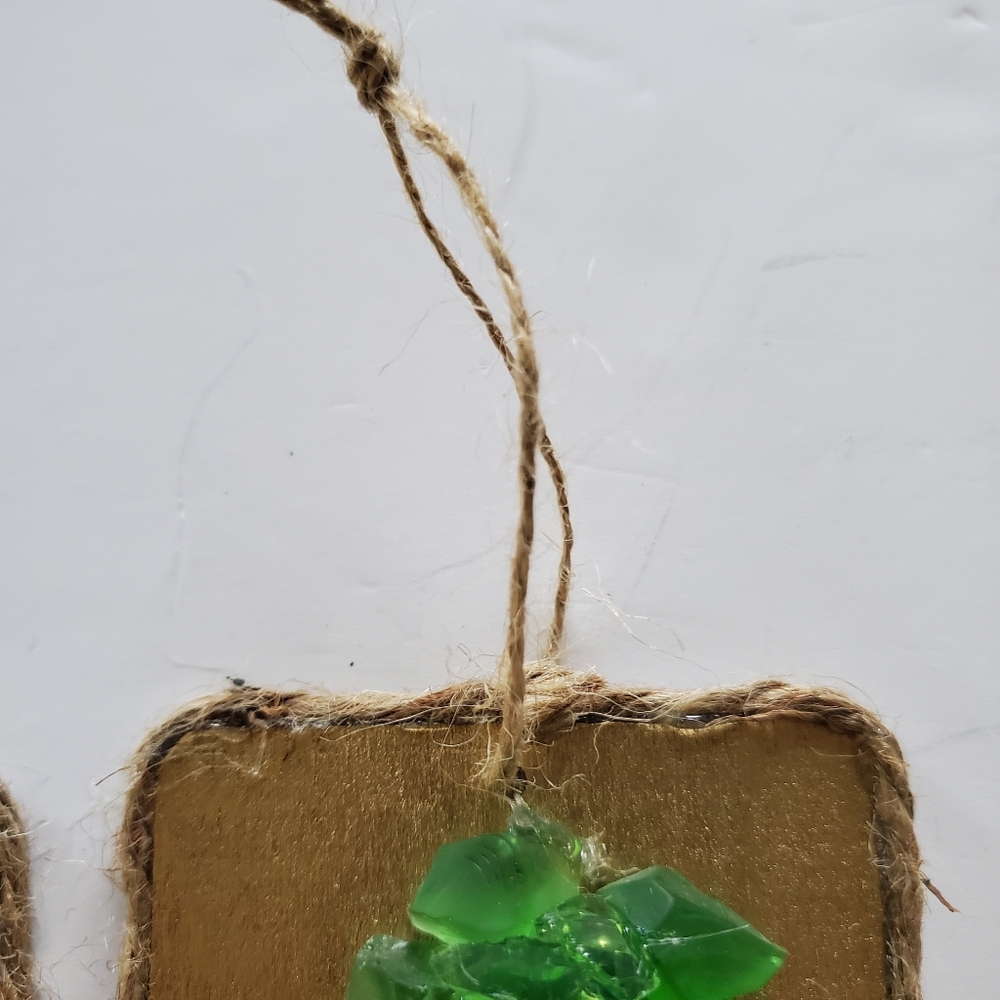 Green Glass Tree on Gold Painted Wood Holiday Hang Tag Set of 3, 3.5"H X 2.5"W - Picture 7 of 9